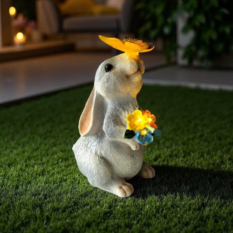Solar Garden Statue Light Rabbit Resin LED Patio Outdoor Decor