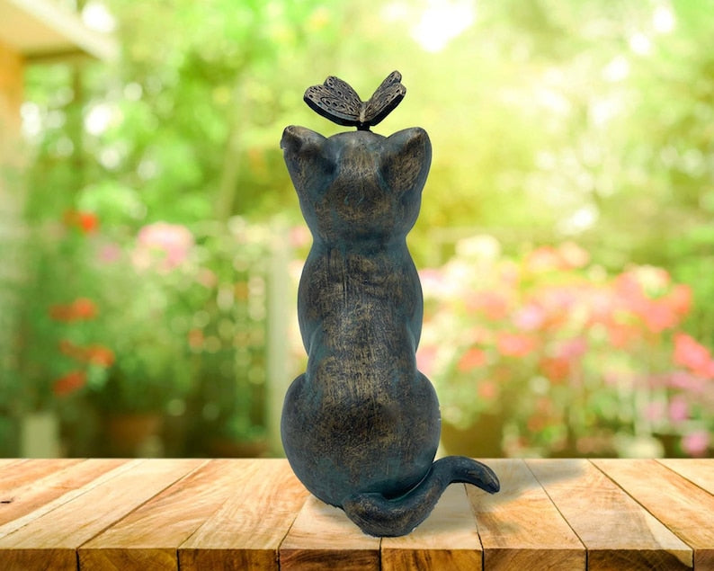 Cat & Butterfly Garden Statue Outdoor Decor Sculpture