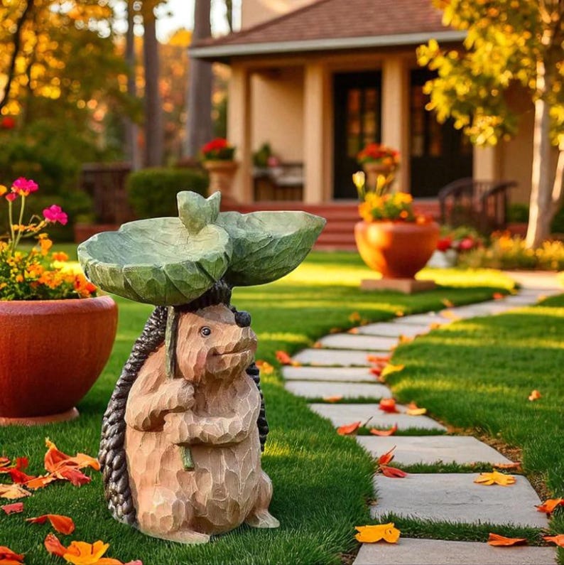 Resin Hedgehog Bird Bath Feeder Whimsical Garden Decor 7.87" Tall