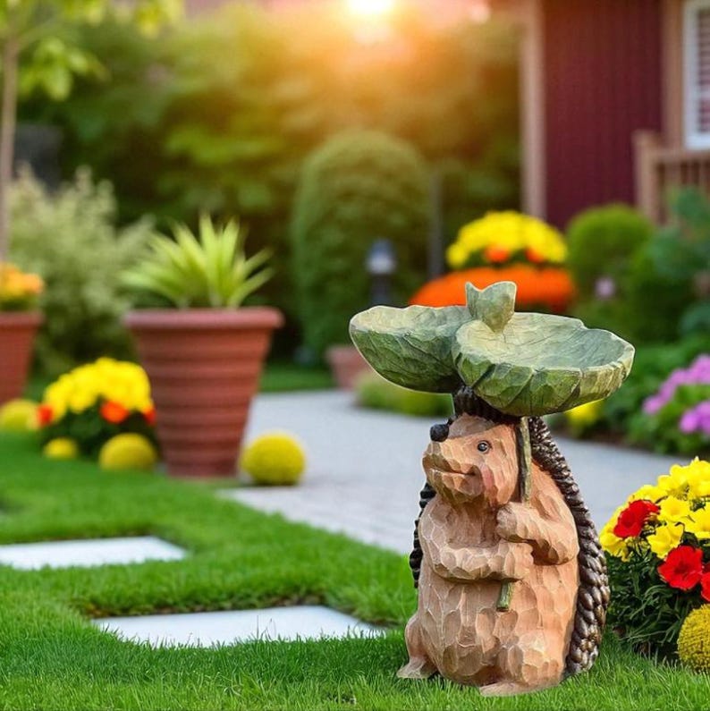 Resin Hedgehog Bird Bath Feeder Whimsical Garden Decor 7.87" Tall