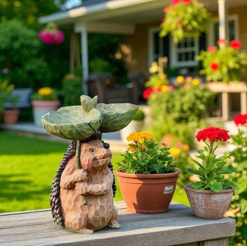 Resin Hedgehog Bird Bath Feeder Whimsical Garden Decor 7.87" Tall