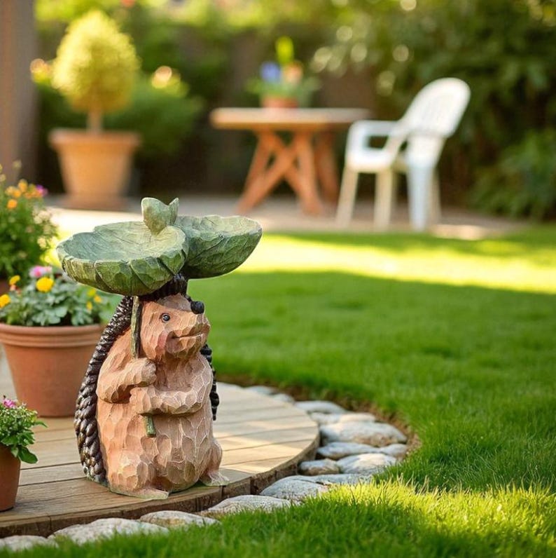Resin Hedgehog Bird Bath Feeder Whimsical Garden Decor 7.87" Tall