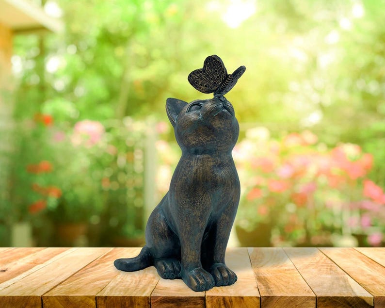Cat & Butterfly Garden Statue Outdoor Decor Sculpture