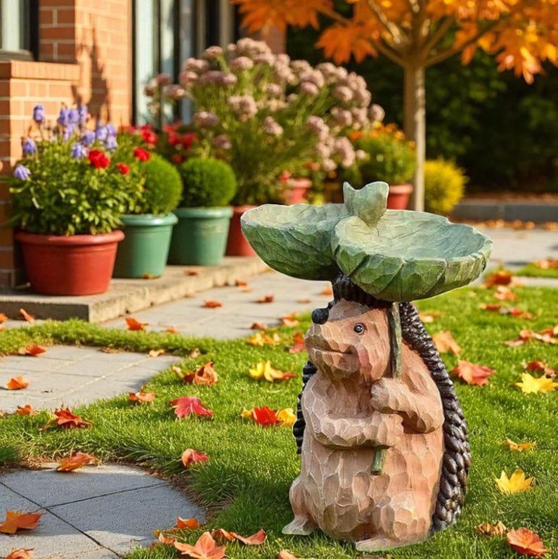Resin Hedgehog Bird Bath Feeder Whimsical Garden Decor 7.87" Tall