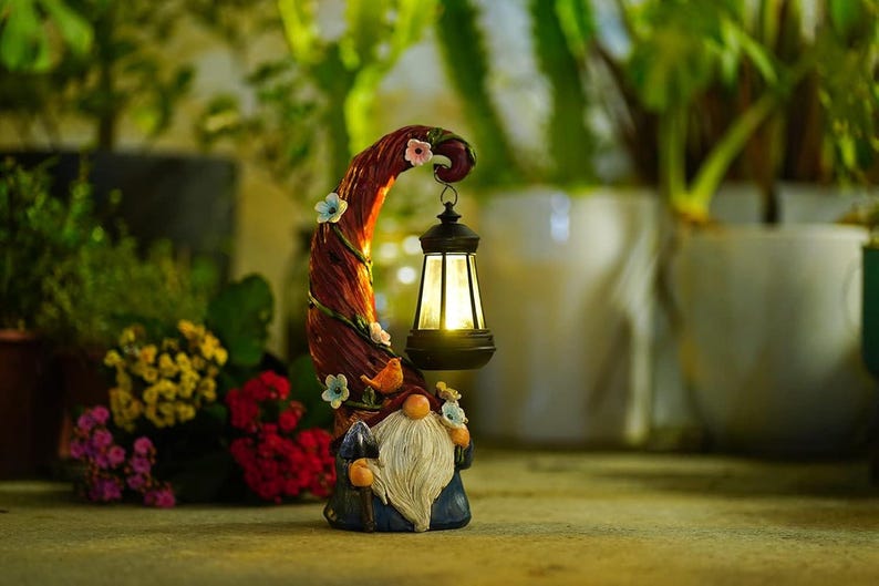 Solar Garden Statue Light Resin Gnome with LED Lantern Outdoor