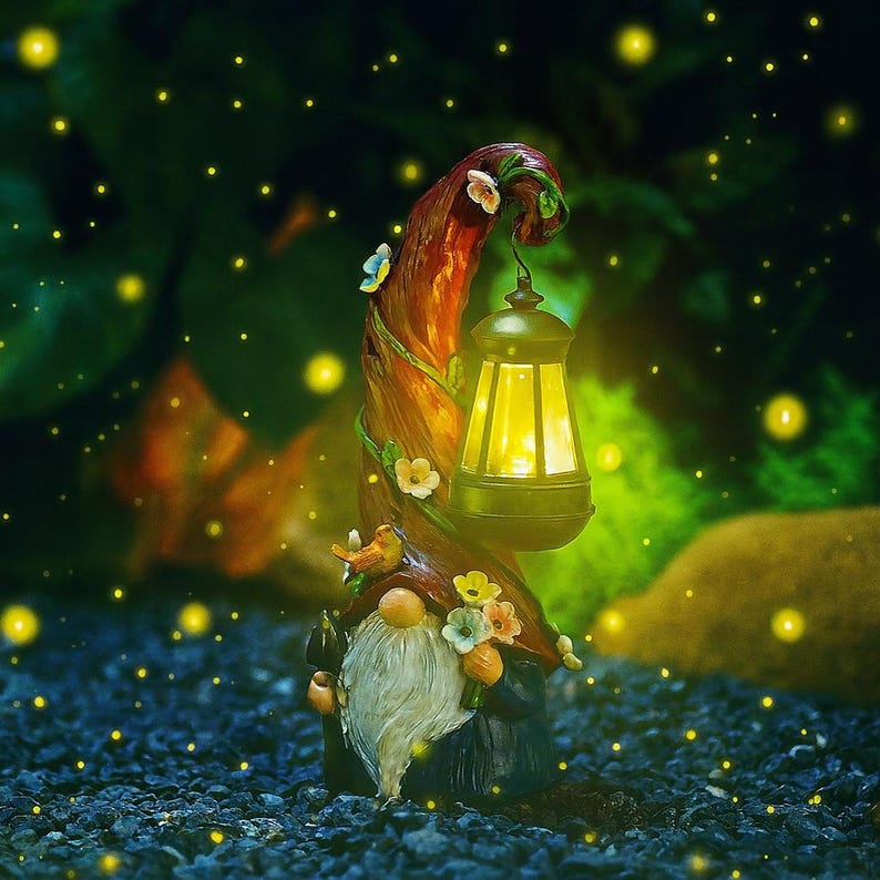 Solar Garden Statue Light Resin Gnome with LED Lantern Outdoor