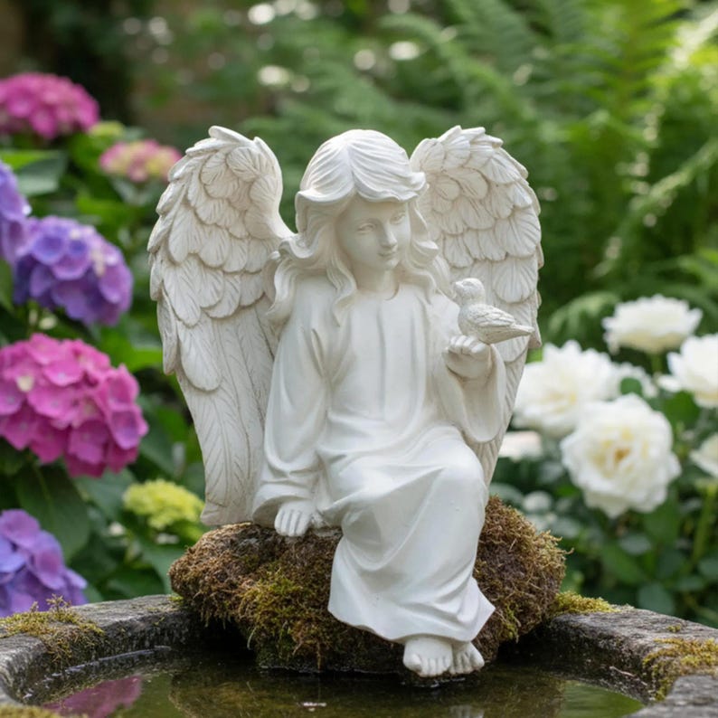Elegant Angel Garden Statue with Bird White Resin Figurine