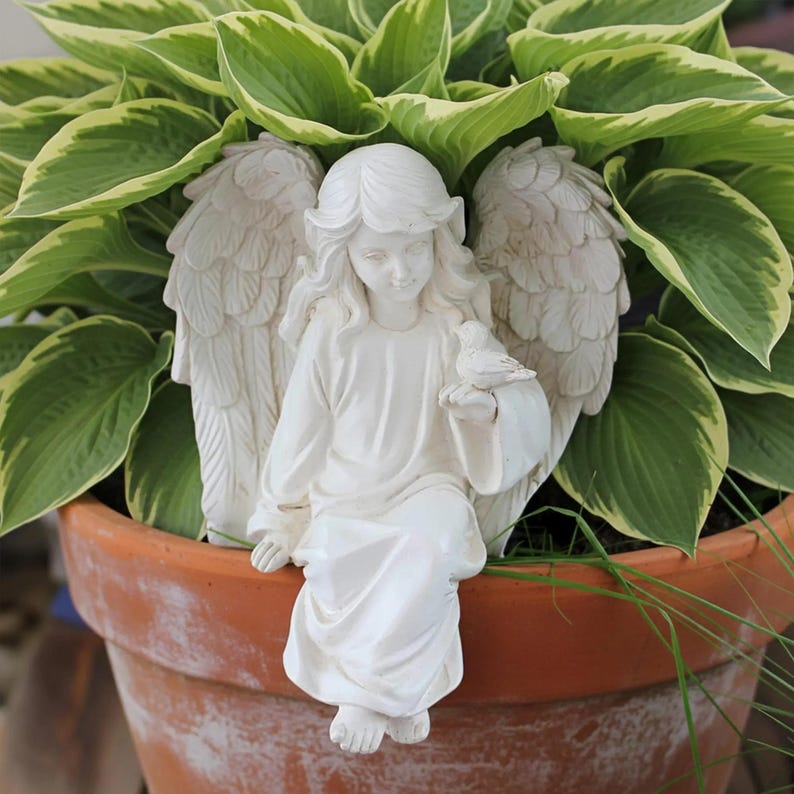 Elegant Angel Garden Statue with Bird White Resin Figurine