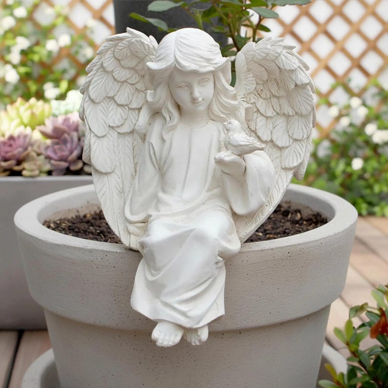 Elegant Angel Garden Statue with Bird White Resin Figurine