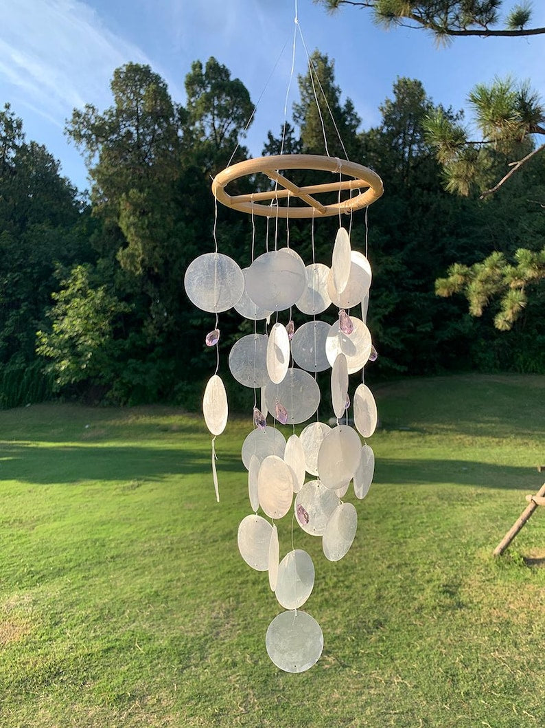 White Shell Wind Chime Ocean Breeze Pink Beads Coastal Porch Decor