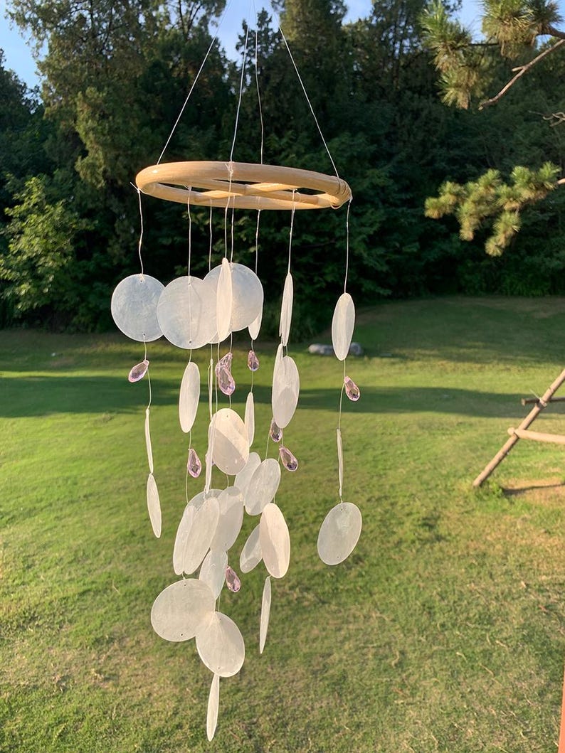 White Shell Wind Chime Ocean Breeze Pink Beads Coastal Porch Decor