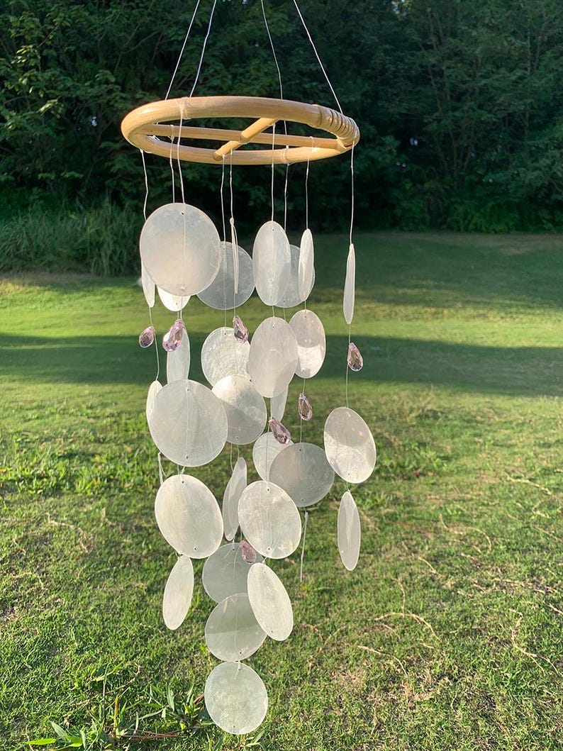 White Shell Wind Chime Ocean Breeze Pink Beads Coastal Porch Decor