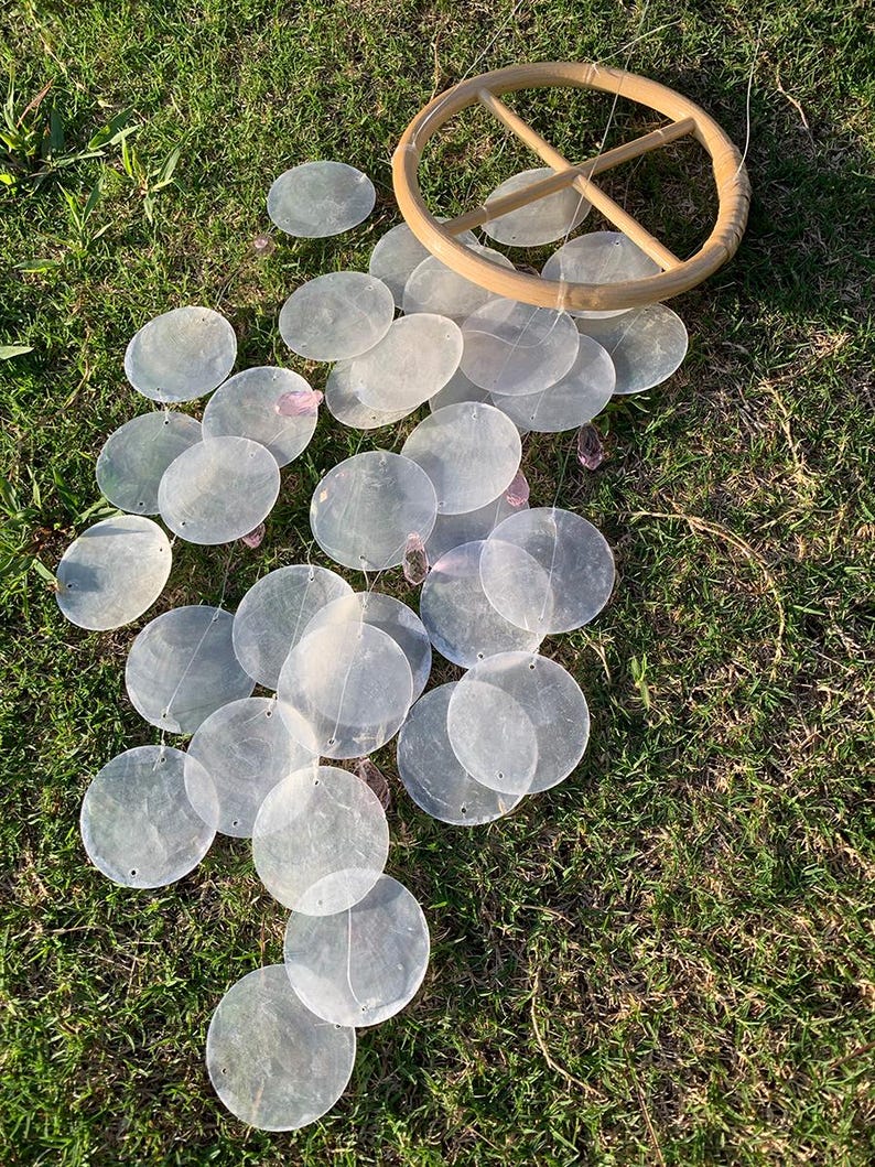 White Shell Wind Chime Ocean Breeze Pink Beads Coastal Porch Decor