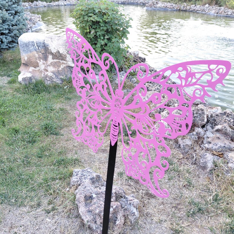 Pink Butterfly Garden Stake Metal Yard Art Whimsical Outdoor Decor