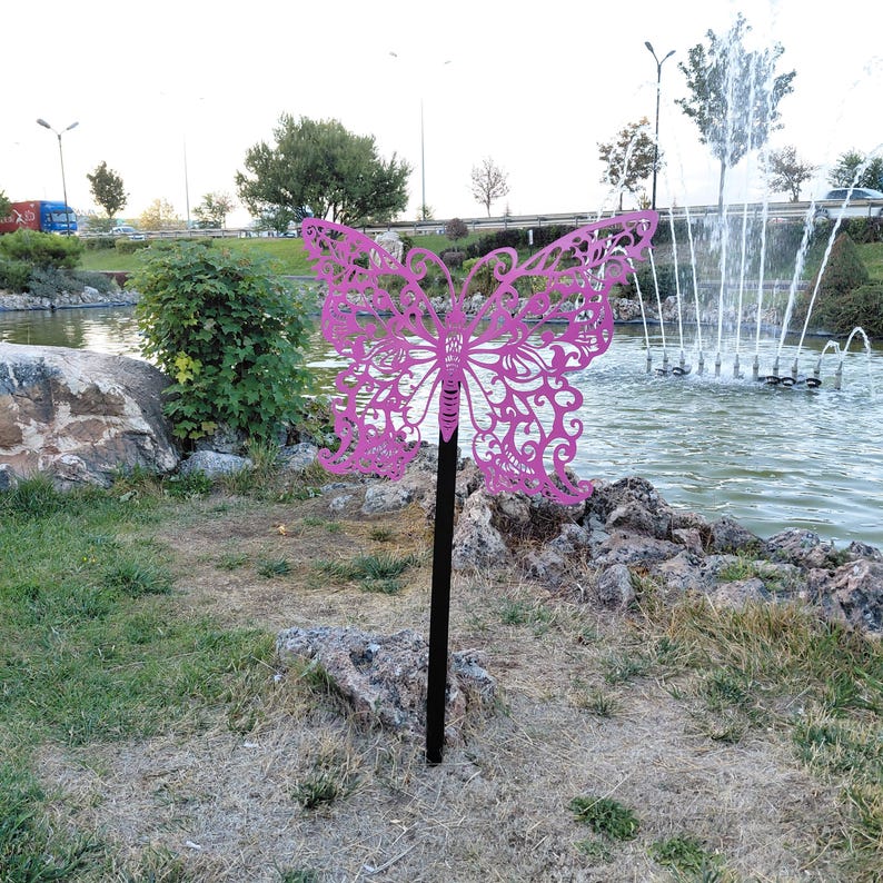 Pink Butterfly Garden Stake Metal Yard Art Whimsical Outdoor Decor