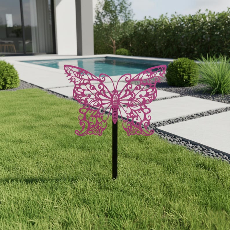 Pink Butterfly Garden Stake Metal Yard Art Whimsical Outdoor Decor