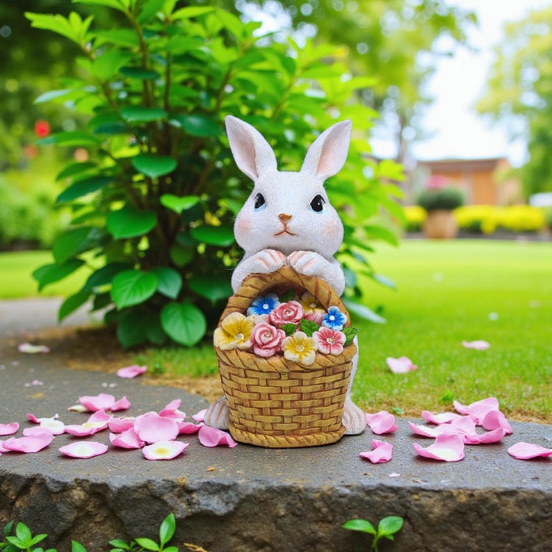 Solar Rabbit Garden Statue: Resin Bunny with Flower Basket Light