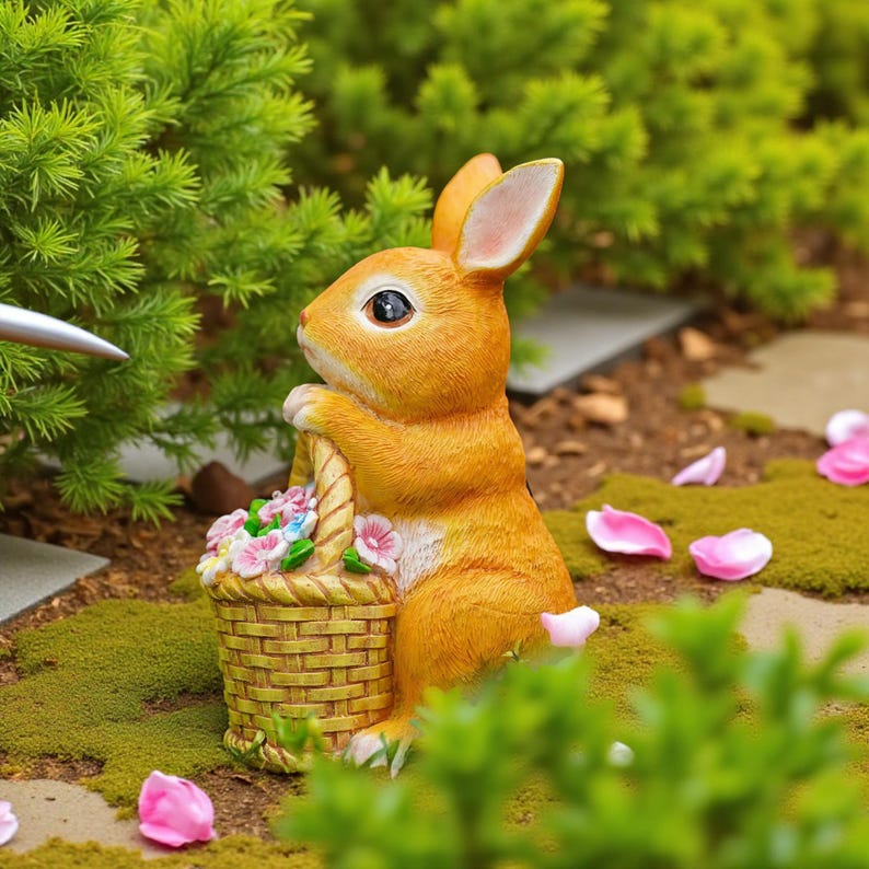 Solar Rabbit Garden Statue: Resin Bunny with Flower Basket Light