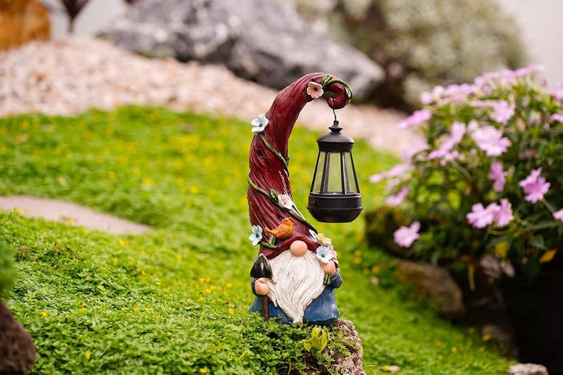 Solar Garden Statue Light Resin Gnome with LED Lantern Outdoor