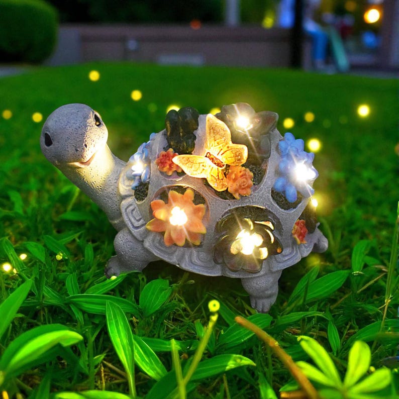 Solar Garden Statue Light Resin Turtle Whimsical Outdoor Decor