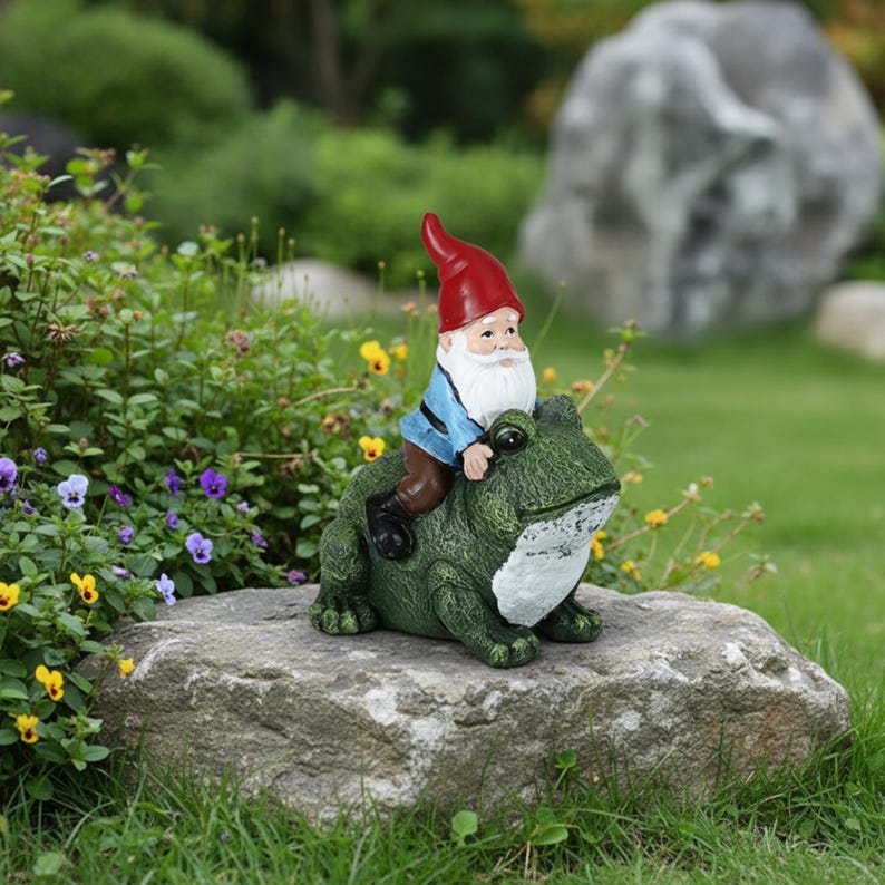Resin Gnome Riding Frog Garden Statue Whimsical Yard Decor