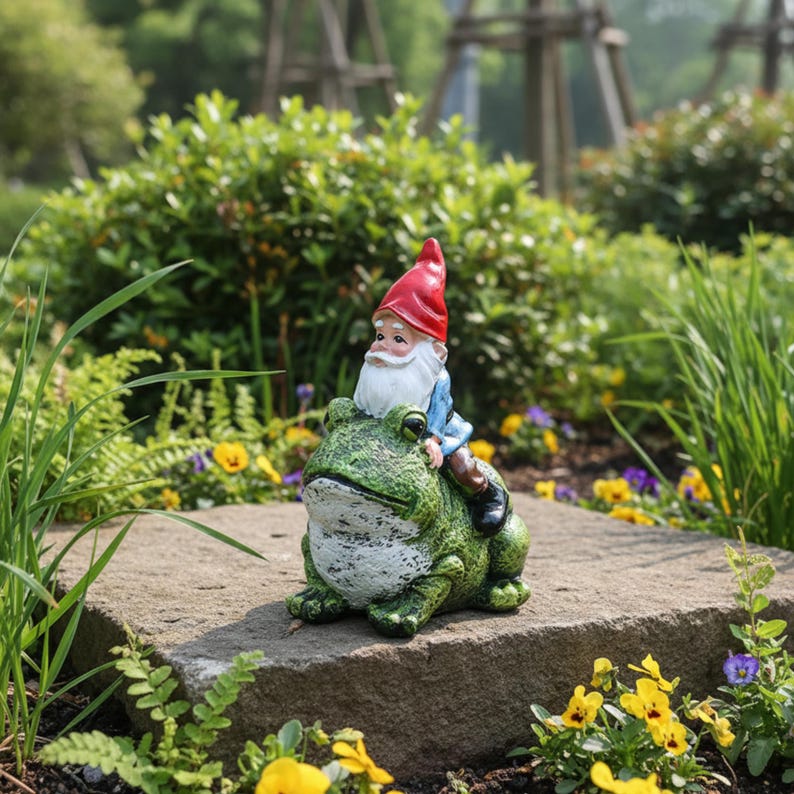 Resin Gnome Riding Frog Garden Statue Whimsical Yard Decor
