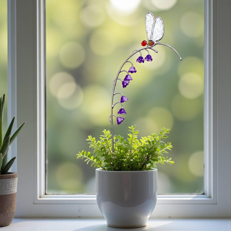 Stained Glass Bug Garden Stake Dragonfly Flower Yard Art