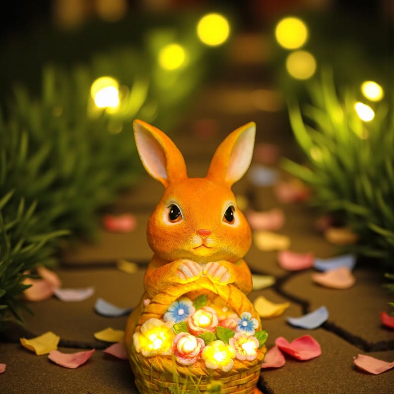 Solar Rabbit Garden Statue: Resin Bunny with Flower Basket Light