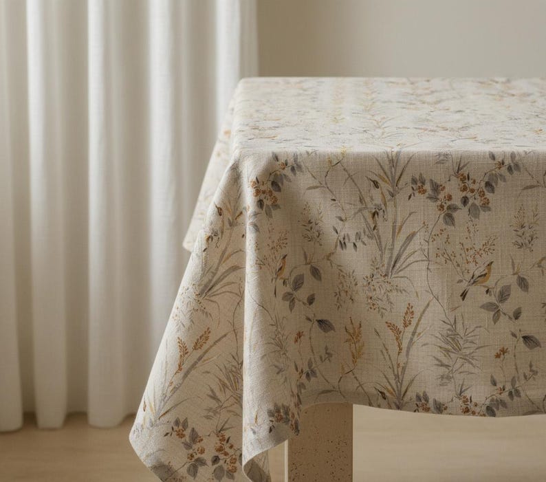Botanical Bird Cotton Tablecloth Serene Dining Room Table Cover