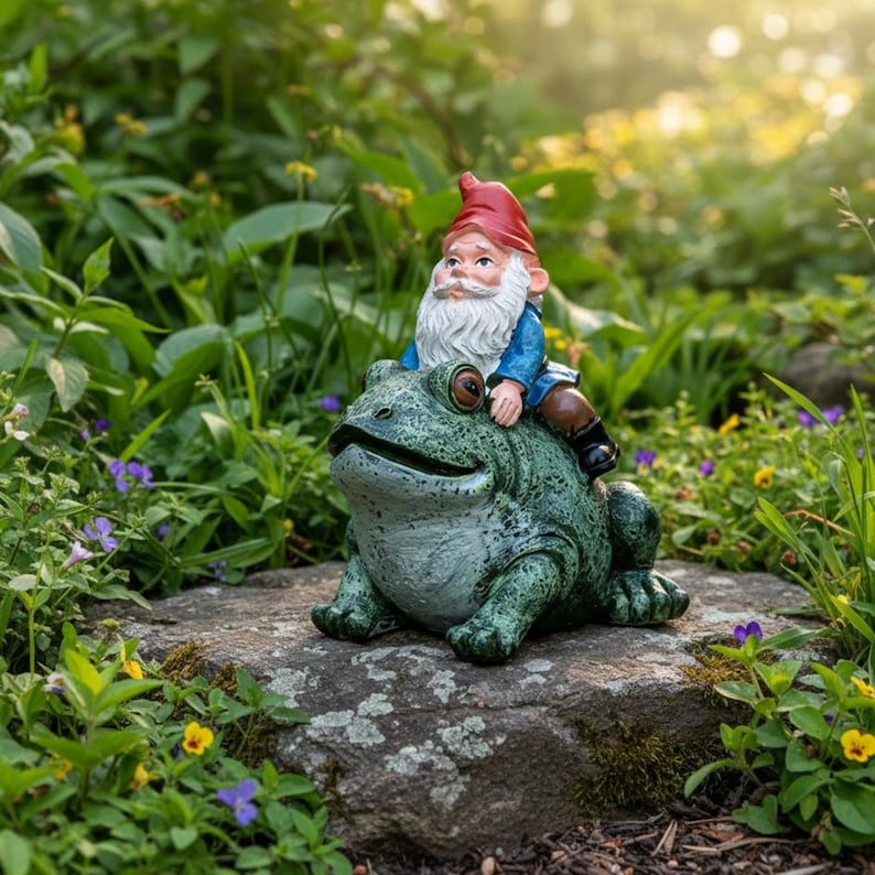 Resin Gnome Riding Frog Garden Statue Whimsical Yard Decor
