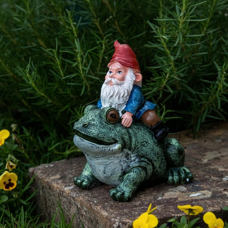 Resin Gnome Riding Frog Garden Statue Whimsical Yard Decor