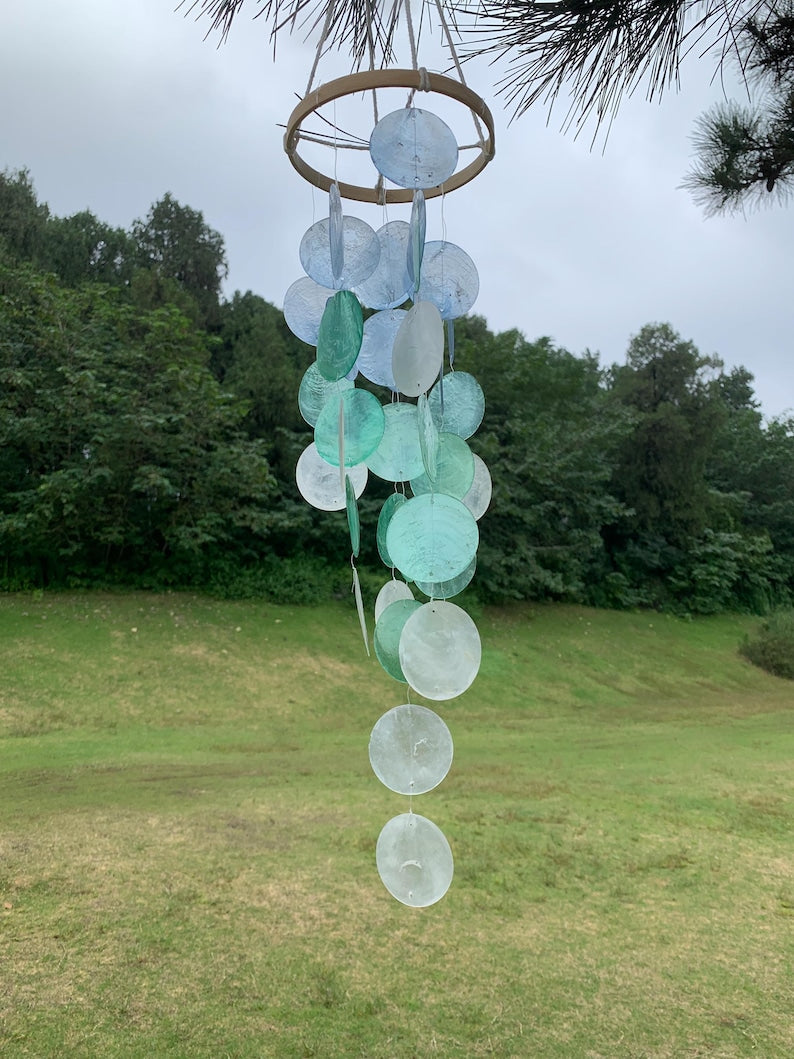 Blue and White Seashell Wind Chime Ocean Breeze Beach House Decor