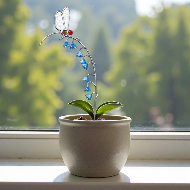 Stained Glass Bug Garden Stake Dragonfly Flower Yard Art