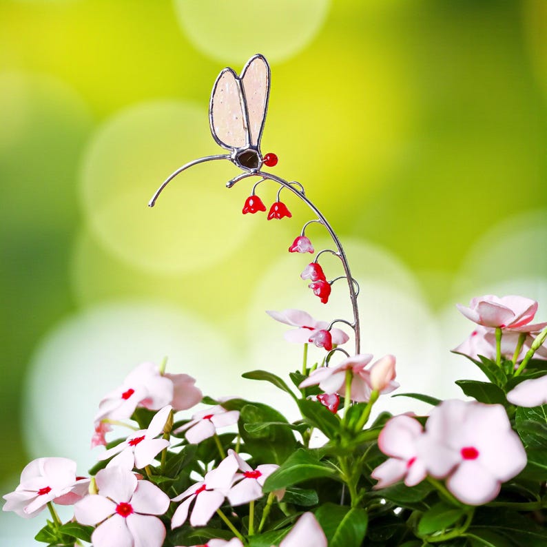 Stained Glass Bug Garden Stake Dragonfly Flower Yard Art