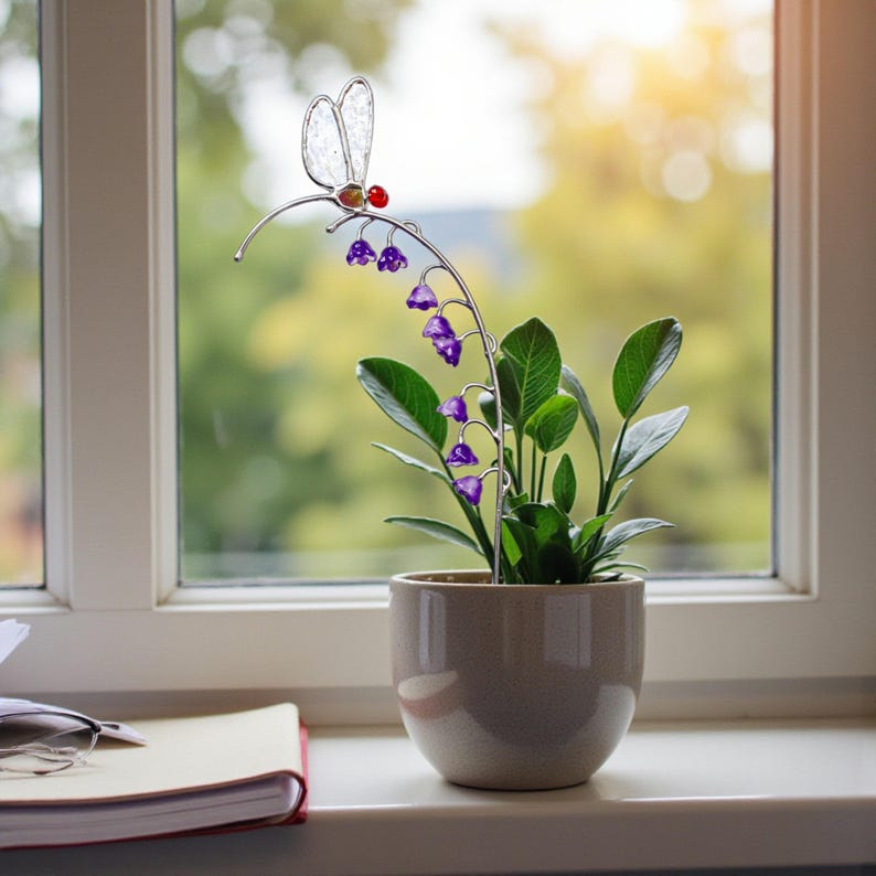 Stained Glass Bug Garden Stake Dragonfly Flower Yard Art