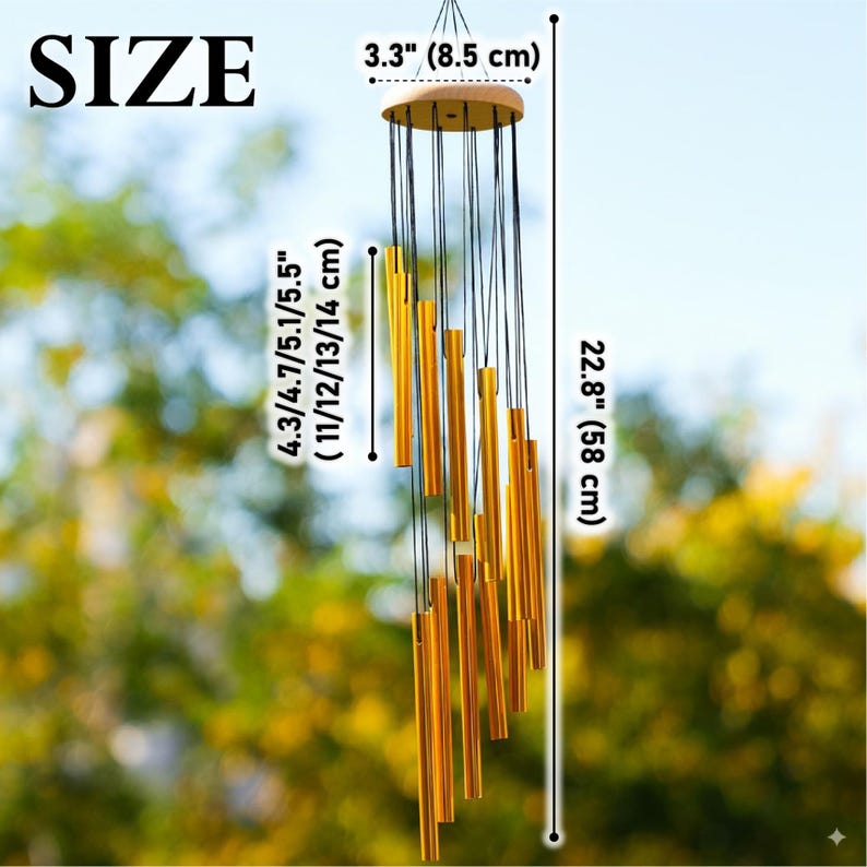 Golden Metal Wind Chime Long Deep Tone Outdoor Garden Bell Decor