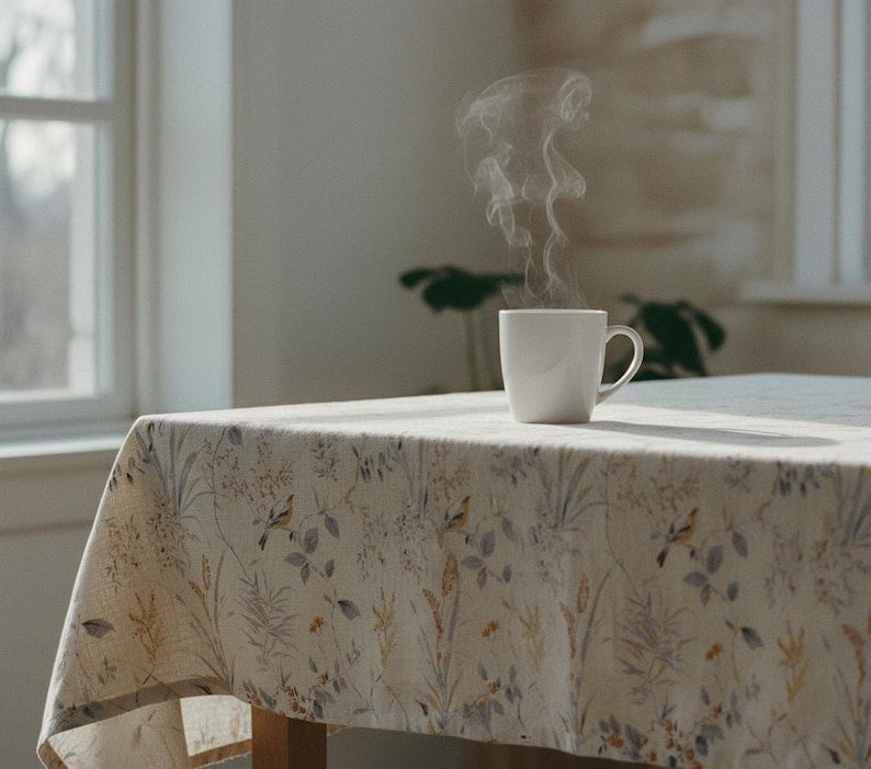 Botanical Bird Cotton Tablecloth Serene Dining Room Table Cover