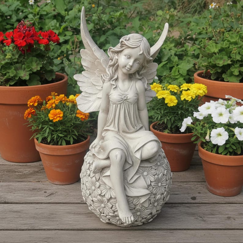 Garden Fairy Resin Ornament Kneeling Or Sitting On Flower Ball For Outdoor Courtyard Decoration Or Whimsical Garden Display Accent