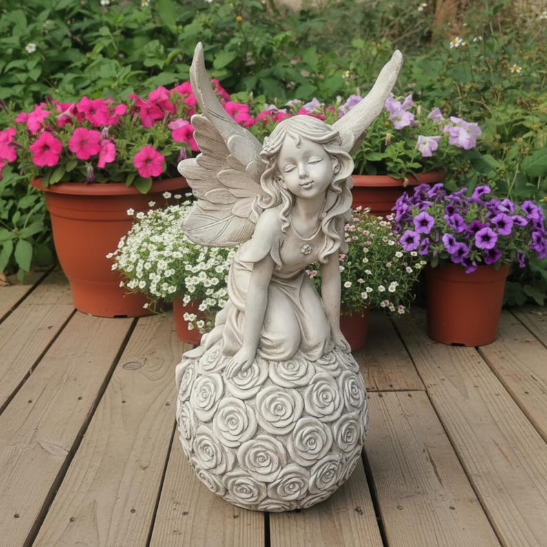 Garden Fairy Resin Ornament Kneeling Or Sitting On Flower Ball For Outdoor Courtyard Decoration Or Whimsical Garden Display Accent