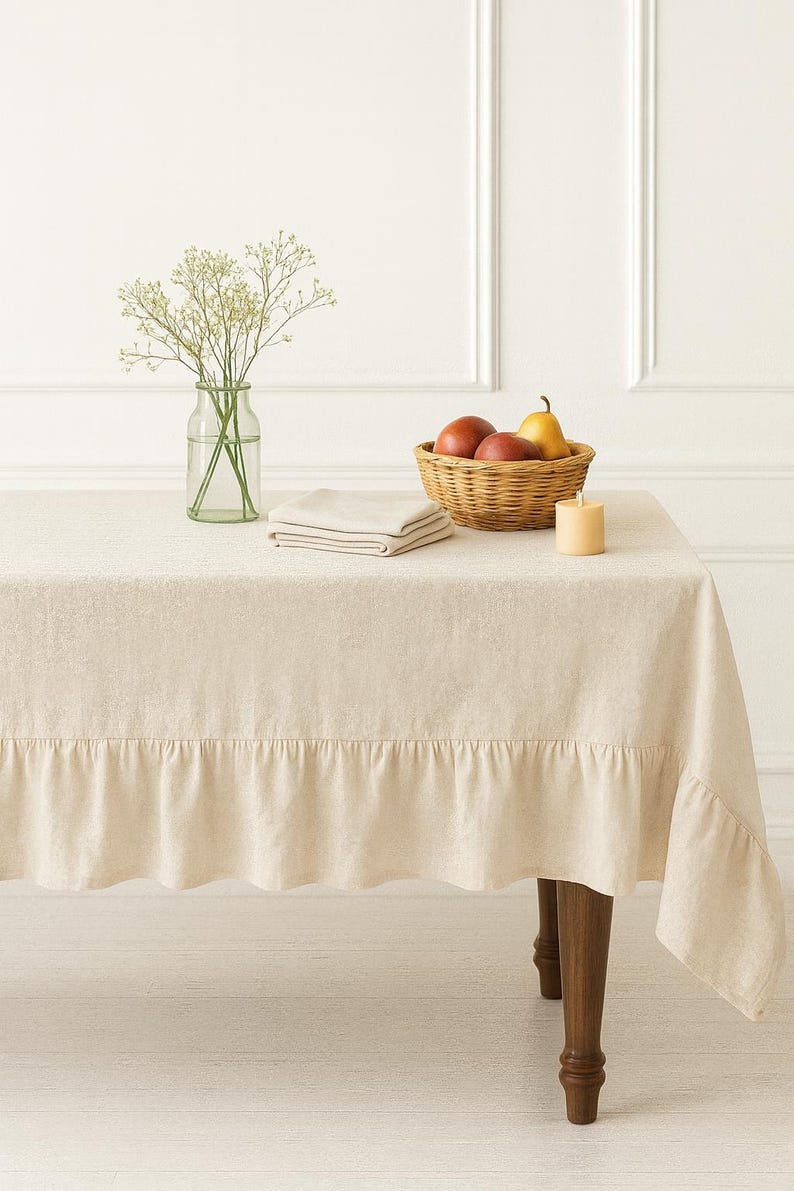 Ruffled linen Tablecloth in Off white. Soft french look linen table cover. Dinner table cloth. Available in many Color. Express shipping.