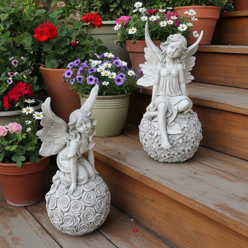 Garden Fairy Resin Ornament Kneeling Or Sitting On Flower Ball For Outdoor Courtyard Decoration Or Whimsical Garden Display Accent