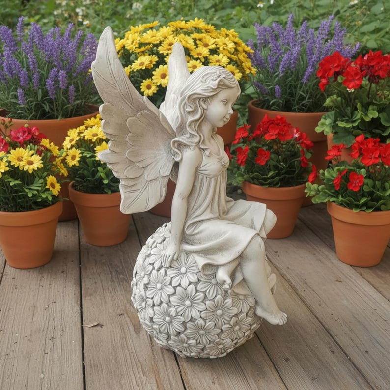 Garden Fairy Resin Ornament Kneeling Or Sitting On Flower Ball For Outdoor Courtyard Decoration Or Whimsical Garden Display Accent