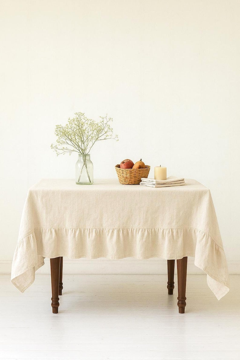 Ruffled linen Tablecloth in Off white. Soft french look linen table cover. Dinner table cloth. Available in many Color. Express shipping.