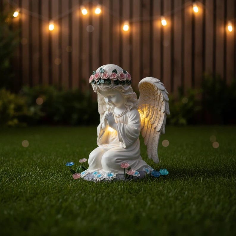 Solar Garden Statue Light Angel White Resin with Flower Crown