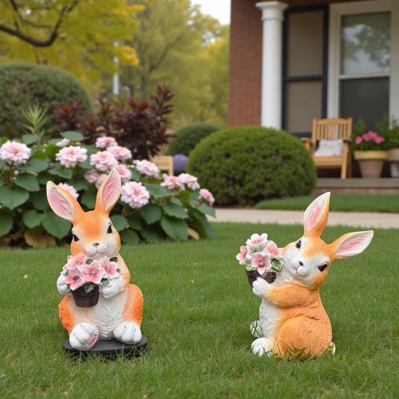 Solar Garden Statue Light Rabbit Resin Flower Courtyard Decoration