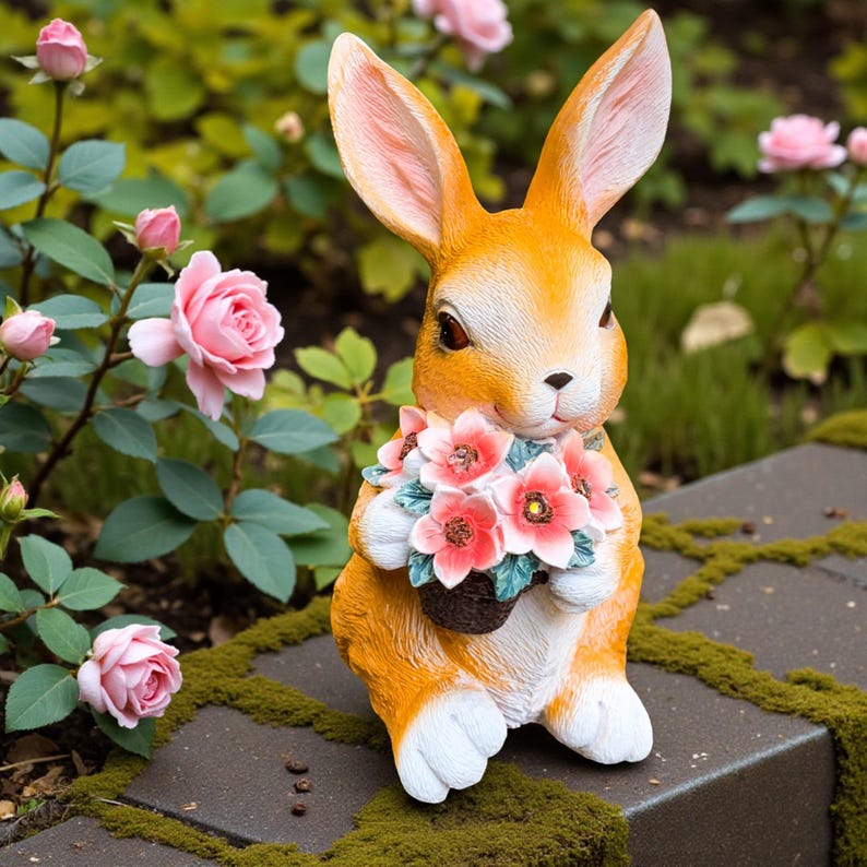 Solar Garden Statue Light Rabbit Resin Flower Courtyard Decoration