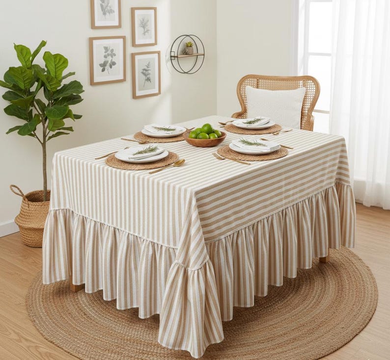 Striped Ruffled Linen Tablecloth | Boho Farmhouse Table Cover | Rustic Dining Table Linen | Custom Size Tablecloth | Cottagecore Decor