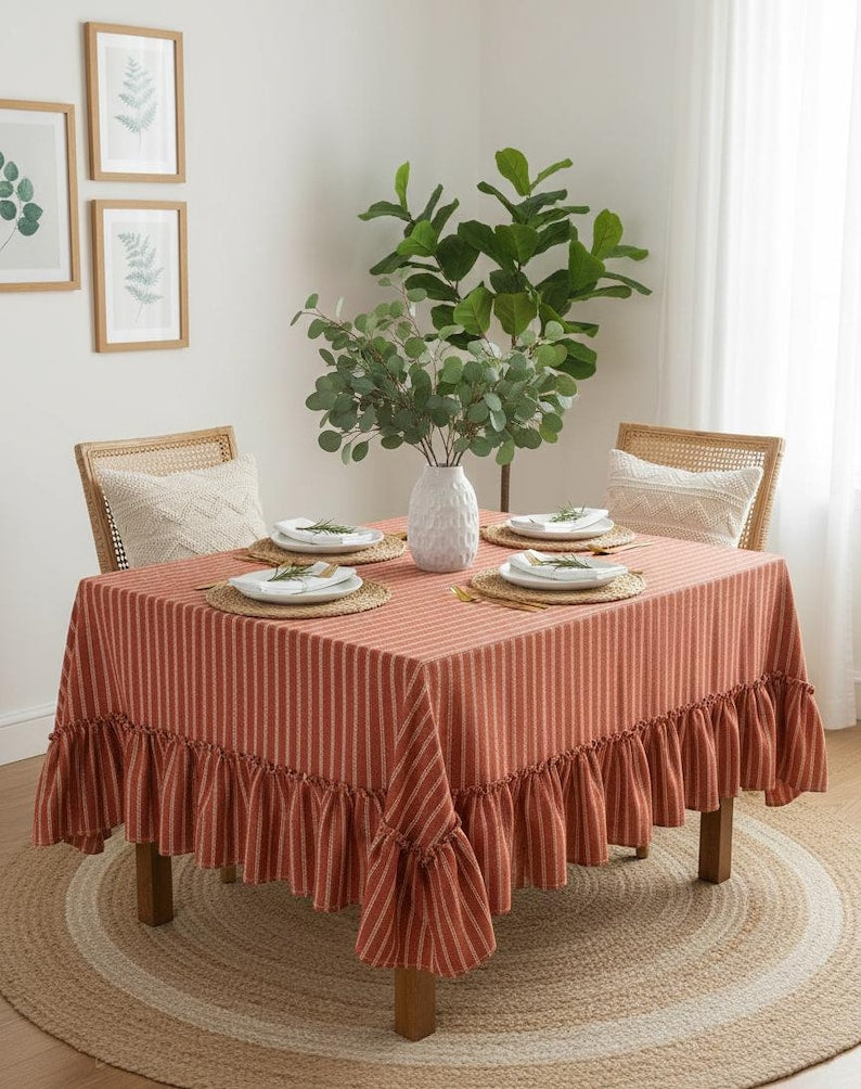 Striped Ruffled Linen Tablecloth | Boho Farmhouse Table Cover | Rustic Dining Table Linen | Custom Size Tablecloth | Cottagecore Decor