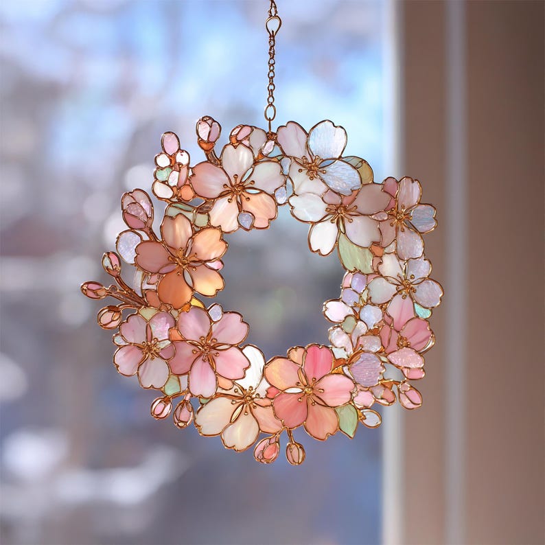 Wreath Suncatcher Faux Stained Glass Flower Spring Garden Decor