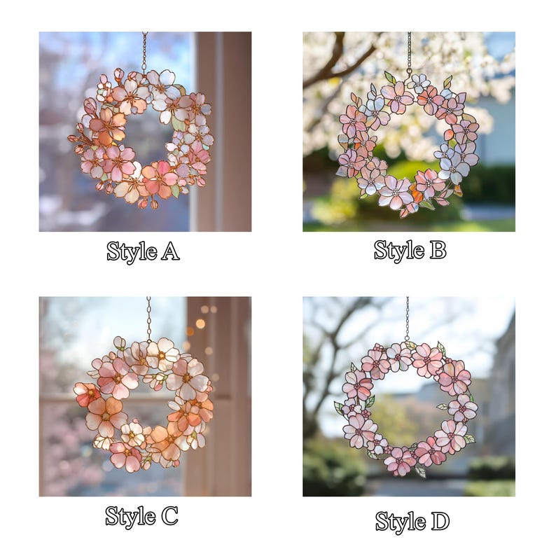 Wreath Suncatcher Faux Stained Glass Flower Spring Garden Decor